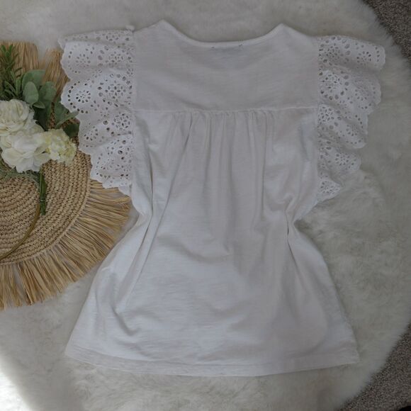 J Crew White Eyelet Flutter-Sleeve Pom-Pom Trim Top Size XXS - Picture 7 of 7